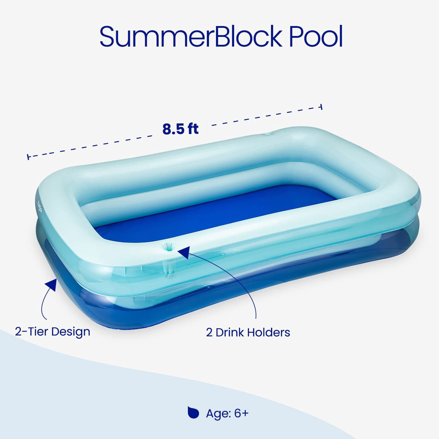 Funsicle 8.5ft SummerBlock Pool, Inflatable Family Swimming Pool, Marine Blue, Rectangular, Age 6 & up