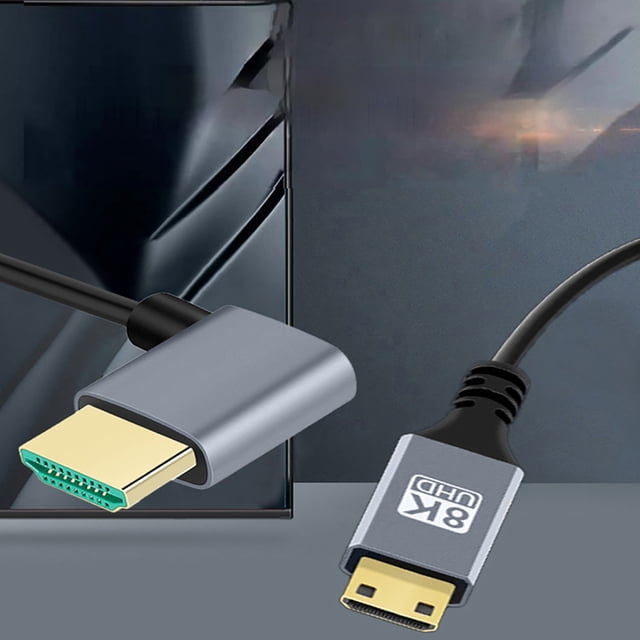 cable convertidor mini hdmi compatible con hdmi, reutilizable, 0,5/1/2m — Adaptador mini HDMI a HDMI en vista 3/4 con carcasa de aleación de aluminio gris, conectores chapados en oro y cable ultrafino negro; diseño de 90° y longitud 2 m, compatible con HDMI 2.1, 48Gbps y resolución hasta 8K@60Hz, apto para computadora, cámara y televisión; útil para conexiones en espacios reducidos.