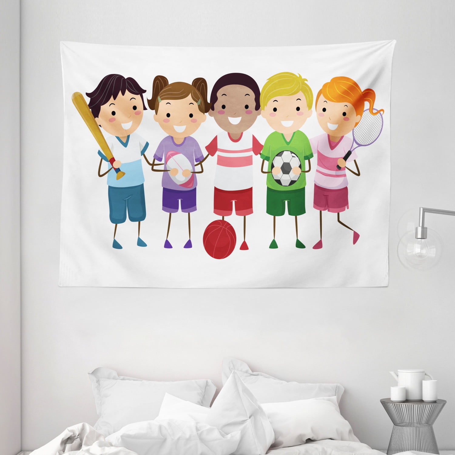 Kids Sports Tapestry, Children Team Playing Football Baseball Tennis