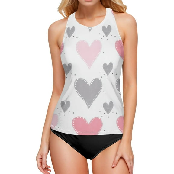 Women's Printed Tankini Top - High Elasticity Slim-Fit Swimsuit with Removable Straps & Cups, Perfect for Beach & Pool Parties，Pink and Gray Hearts