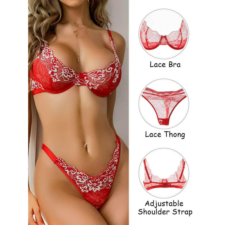 popiv Sexy Bra And Panty Sets,Embroidered Two Piece Underwire Lingerie Set,Red，S-L  