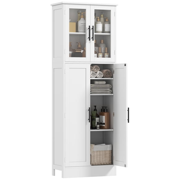 HOMCOM Tall Bathroom Cabinet with Glass Doors, Freestanding Storage, White