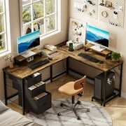 GIKPAL L Shaped Computer Desk, Reversible Gaming Desk with Drawers, Corner Desk with Storage Shelves & Monitor Stand, Home Office Desk Workstation, Brown