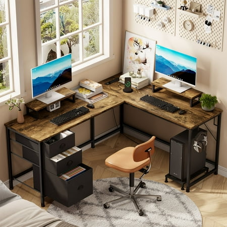 GIKPAL L Shaped Computer Desk, Reversible Gaming Desk with Drawers, Corner Desk with Storage Shelves & Monitor Stand, Home Office Desk Workstation, Brown