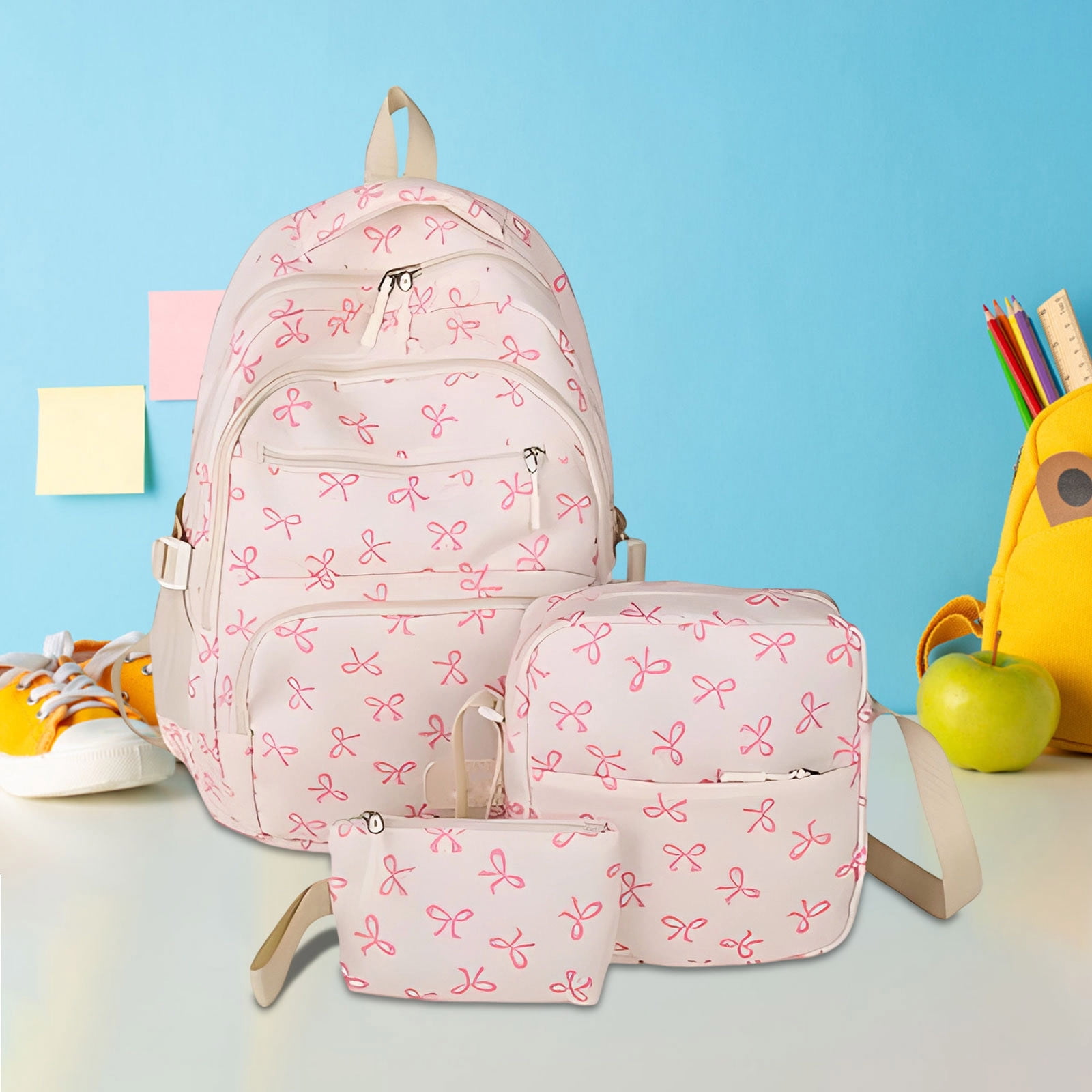 Cute Floral Bow Backpack Aesthetic Preppy Backpack for Women Lightweight Casual Holloyiver 3 Pcs Bow Backpack For Women,Cute Kawaii Preppy  main image 4