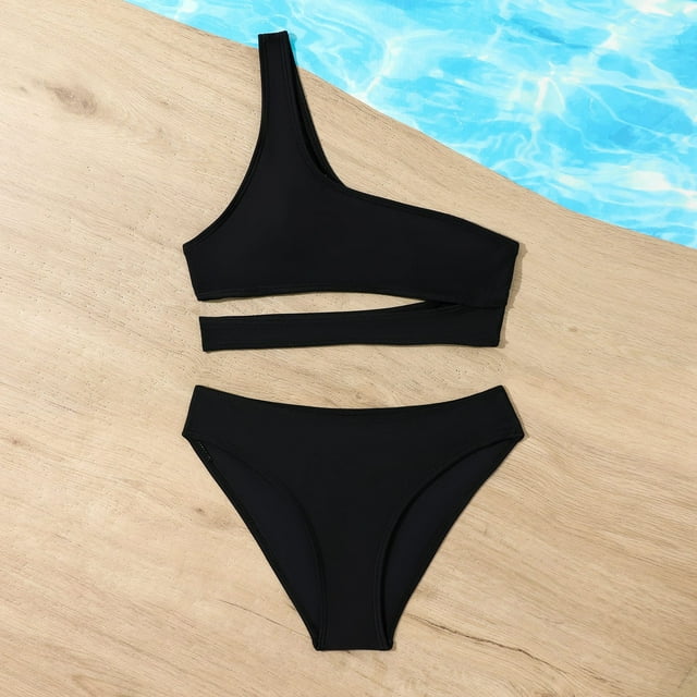 WEAIXIMIUNG Black Solid Color Two Piece Swimwear For Girls Slimming Design Comfortable And Stylish Children's Bathing Suit 140