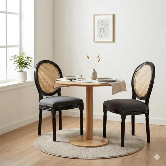 GOMYHOME French Country Dining Chairs Set of 2, Rattan Back, Upholstered Seat, Solid Wood Frame, Black & Dark Gray