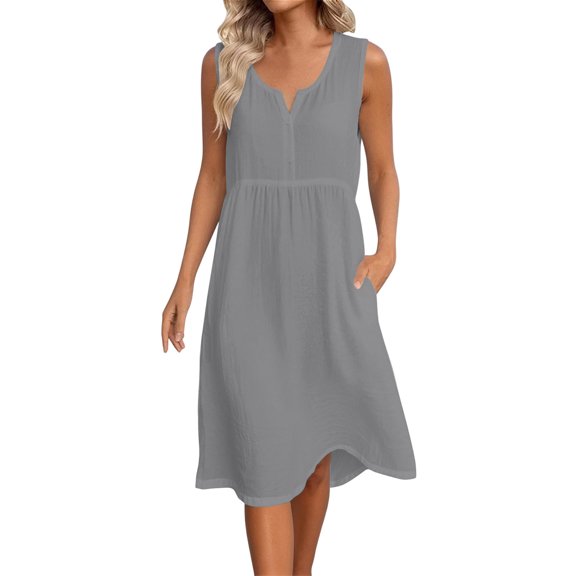 Admvng Women's Dress V Neck Sleeveless Casual Stretchy Summer Mid-Length Dress