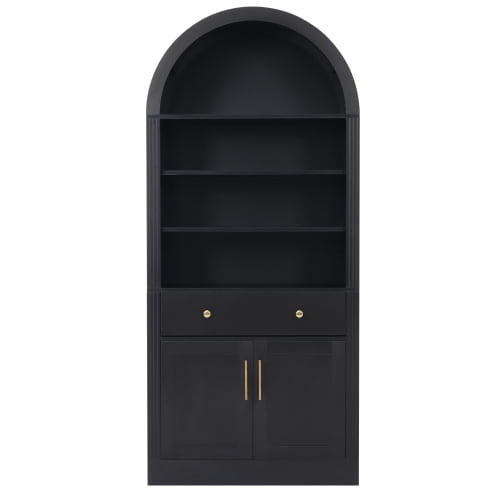 70.90"H Arched Bookshelf with Storage Cabinet, Tall Display Bookcase with Doors, Drawer & Adjustable Shelves, Freestanding Pantry Cabinet for Living Room, Home Office, Bathroom, Black