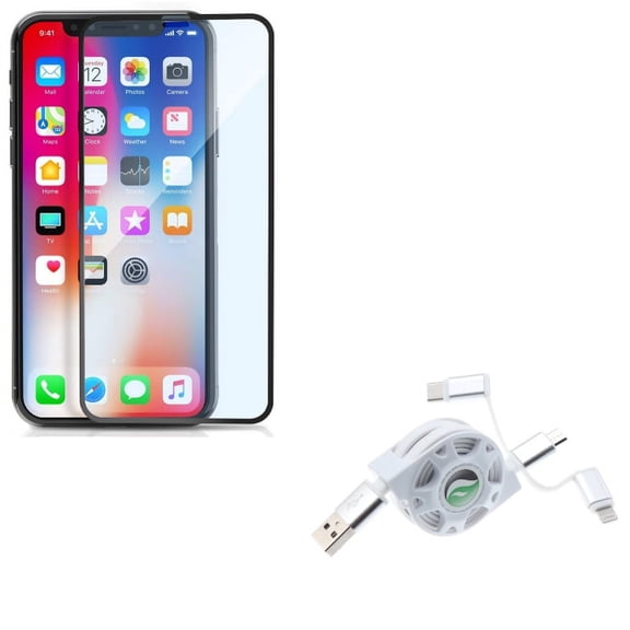 iPhone XS/X - Anti-Glare Screen Protector w Retractable USB Cable - Tempered Glass Matte 3D Curved Edge Anti-Fingerprint Case Friendly, Charger Power Cord 3-in-1 Wire Sync