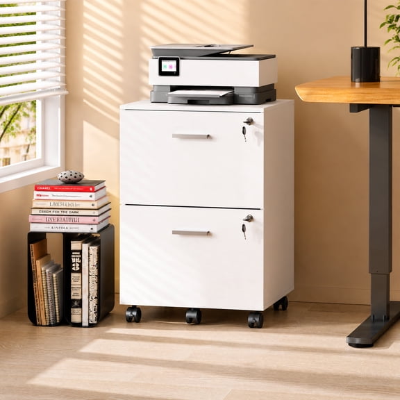 GALAXHERO 2 Drawer Filing Cabinet with Lock, Wooden Printer Stand with Storage for Home Office, Mobile Locking File Cabinet Fits Letter/A4 Hanging Files, White
