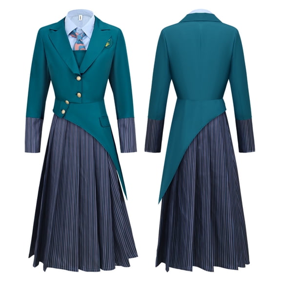 Women Magic Witch Academy School Uniform 5-Piece Costume Teal Tailcoat Skirt Set Halloween