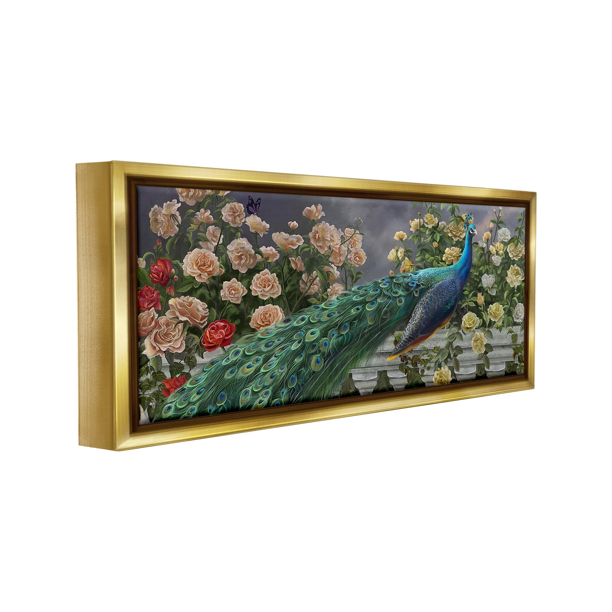 Stupell Industries Peacock & Cottage Blossoms Animals & Insects Painting Gold Floater Framed Canvas Art Print Wall Art, 25 x 11