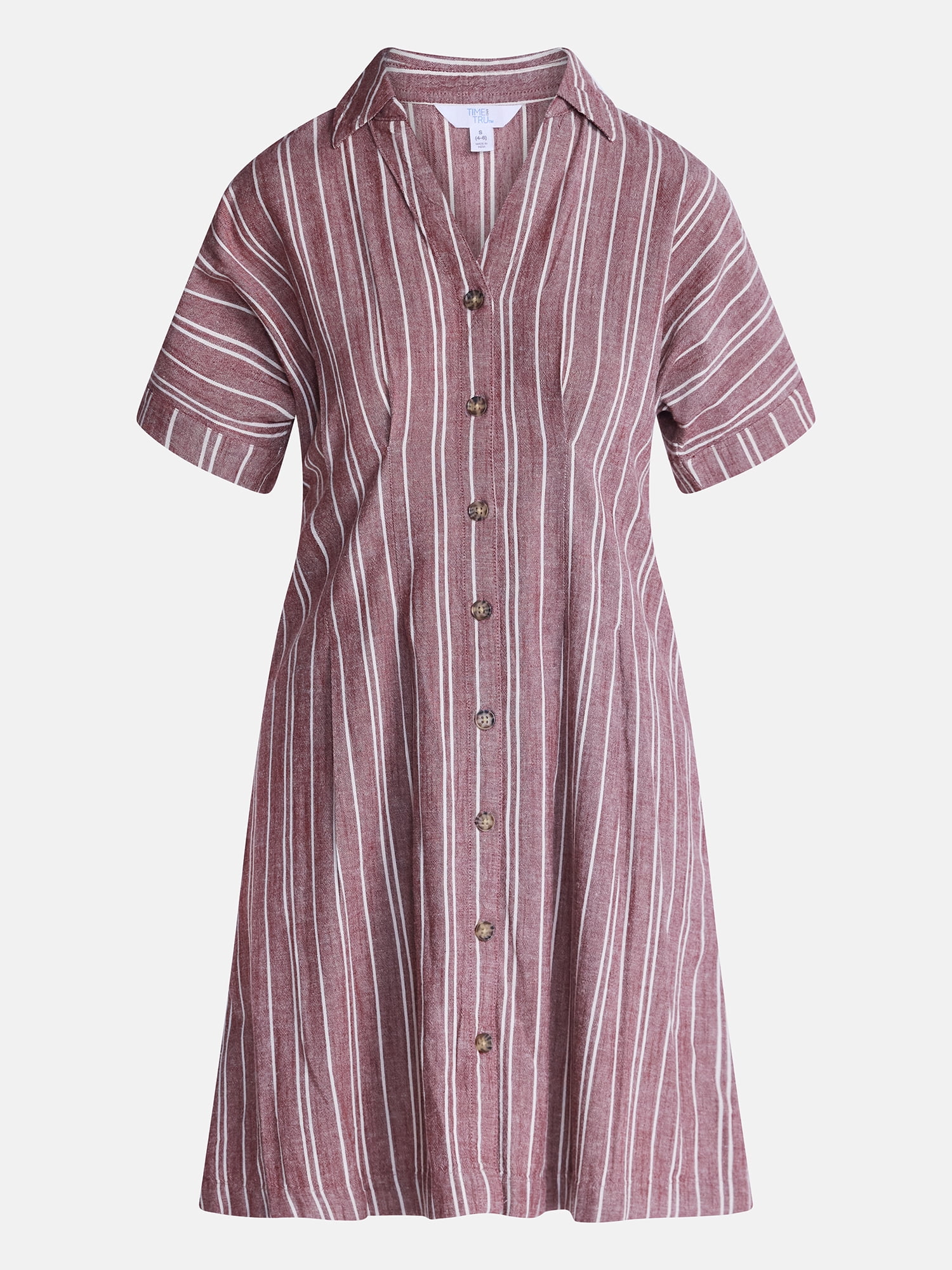 Time and Tru Women's Linen Blend Pleated Mini Shirtdress with Short Sleeves, Sizes XS-XXXL
