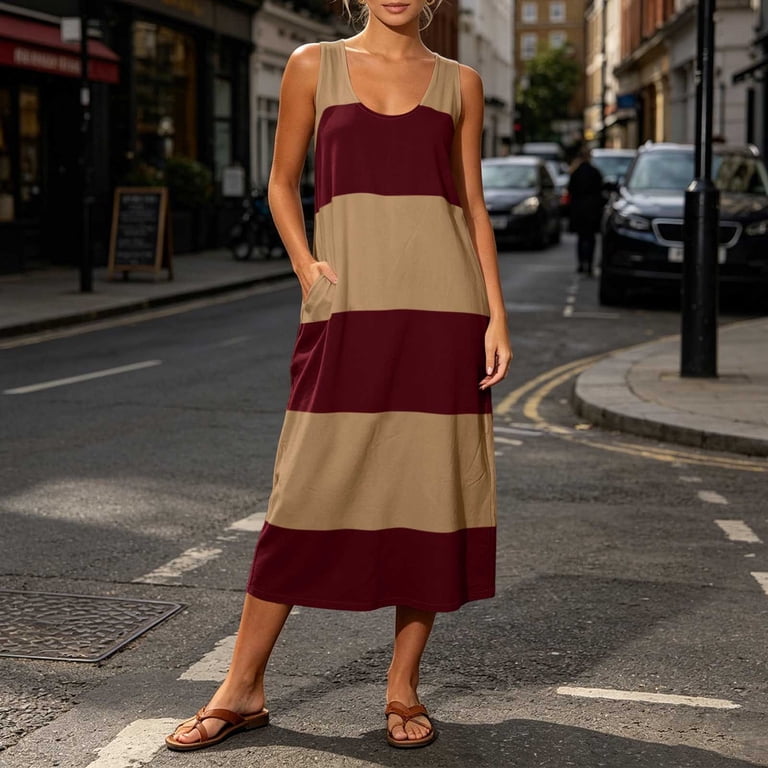 jersey midi dress casual Eawtki Women's U Neck Sleeveless Midi Dress Wide Color Block Stripes Side Seam Pockets Loose Fit Casual Summer Jersey Shift Dress, Size: Small, Beige