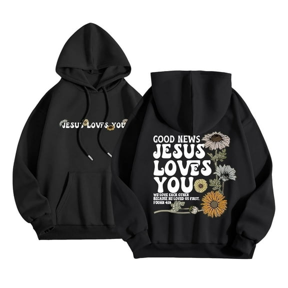 Good News Jesus Loves You Hoodie Christian Sweatshirts for Teen Girls Long Sleeve Jesus Hoodie Religious Sayings Pullover Hoodies Oversized Bible Verse Shirts Black M