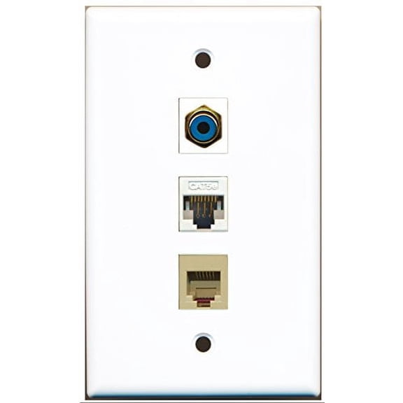 RiteAV - 1 Port RCA Blue and 1 Port Phone RJ11 RJ12 Beige and 1 Port Cat5e Ethernet White Wall Plate