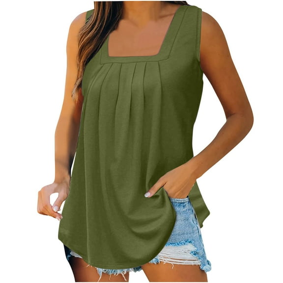 Usmixi Tank Tops for Women Comfy Breathable Pleated Swing Tunic Tank Tops Summer Solid Square Neck Sleeveless Shirts Fashion Blouses Army Green l