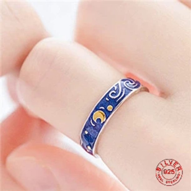 Previene alergias Luna noche estrellada Van Gogh pareja anillos joyería artística par Real anillos para mujeres hombre amantes el mejor regalo