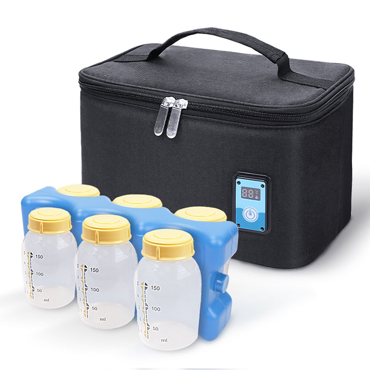 Breastmilk Cooler Bag with Ice Pack Fits 6 Baby Bottles, Baby Bottle Bag with Temperature Display for Nursing Mom Daycare, Black