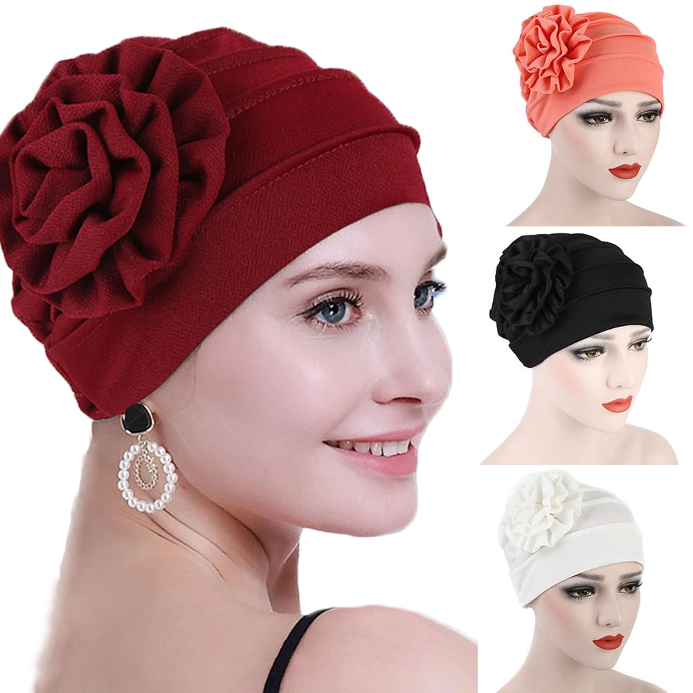 Muslim Women Lace Stretch Hijab Big Flower Turban Headwear Head wrap Chemo Caps 