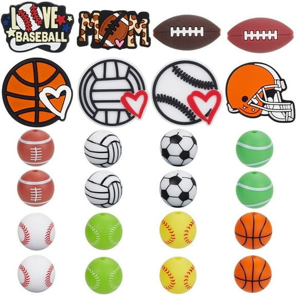 40Pcs 16 Styles Sport Silicone Bead Sports Ball Focal Beads Bulk Football Basketball Volleyball Baseball Rugby Balls Trophy Pen Bead for DIY Keychain Jewelry Making Bracelet Necklace DIY Crafts