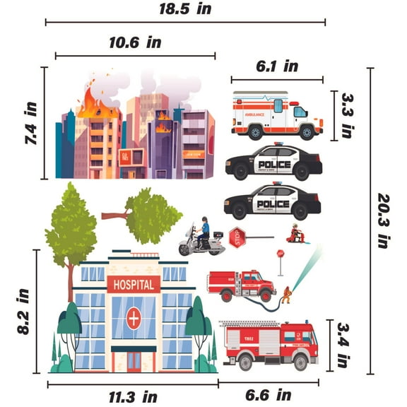 THE CITY - Kids Bedroom The City Hospital Vinyl Adhesive Wall Decal Sheet - DIY Stick And Peel Multicolored City Buildings Police & Fire Truck Vehicles Home Bedroom Wall Decor Sticker 18.5" x 20.3"