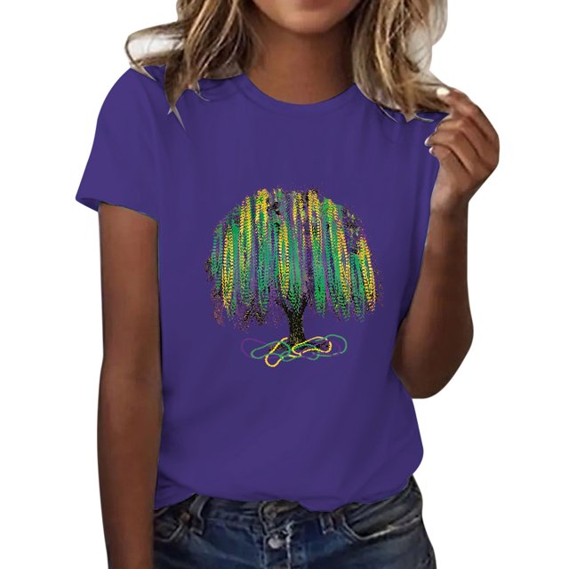 PMUYBHF T-Shirt Décontracté pour Femmes, Imprimé Arbre Mardi, Col Rond, Manches Courtes, Ample, 1412 S