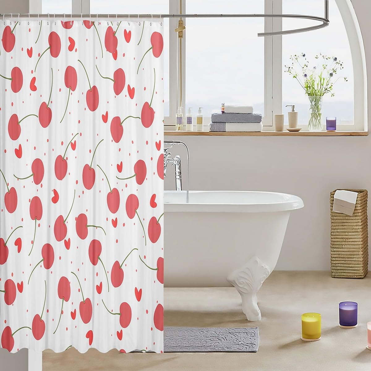 Kids Red Cherry Bath Curtain Cute Fruit Shower Curtain Boys Girls Cherry Pattern Bathroom Shower Curtain Set Kawaii Cartoon Fruit Teens Bathroom Accessories Room Decor 72"x80"