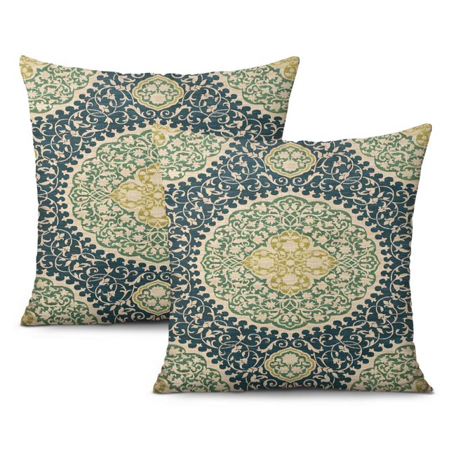 Exquisite Retro Floral Mandala Compass Design - Set of 2 Boho Decor 18x18 Throw Pillows.