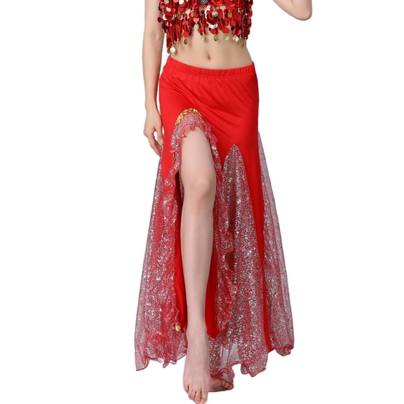MOJOGO Women's Belly Dance Skirt High Waiste Sequin Mesh Maxi Skirt Carnival Festival Dress Side Split Performance Skirts Red Free Size