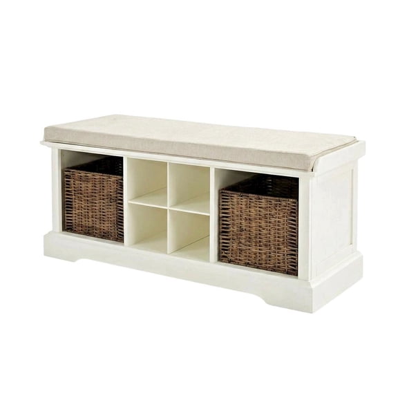 White Entryway Storage Bench, 2 Wicker Baskets, Cushioned Seat, MDF
