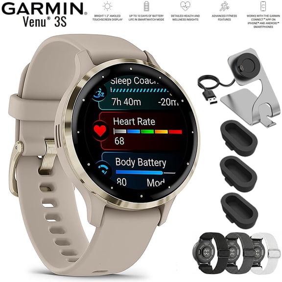 Garmin Venu 3S Health Fitness GPS Smartwatch Gold Steel Bezel with French Gray Case 41mm 010-02785-02 Bundle with Nylon Elastic Bands 18mm 3 Pack, Charging Dock and Silicone Dust Cover 3 Pack