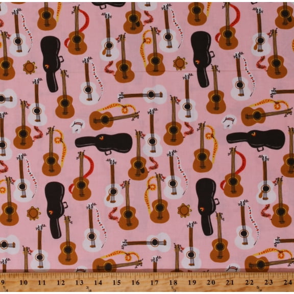 Cotton Guitars Musical Stringed Instruments Children's Kids Girls Far Far Away III Peach Cotton Fabric Print by the Yard (52754-1)