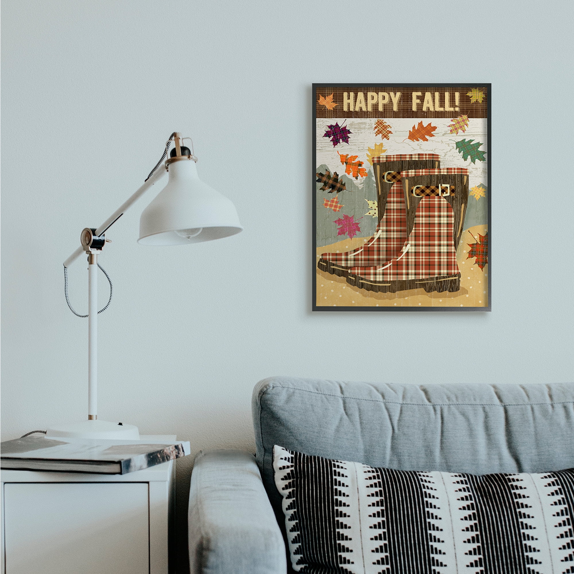 Stupell Industries Happy Fall Phrase Plaid Boots and Foliage Landscape Painting Black Framed Art Print Wall Art, 24 x 30