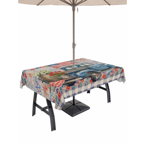 Outdoor Tablecloth with Umbrella Hole for Patio/Picnic/Party/Camping, Independence Day Waterproof Table Cloth Rectangle Table Cover Washable, Blue Truck USA Flag Floral Black Plaid (54"x 80")