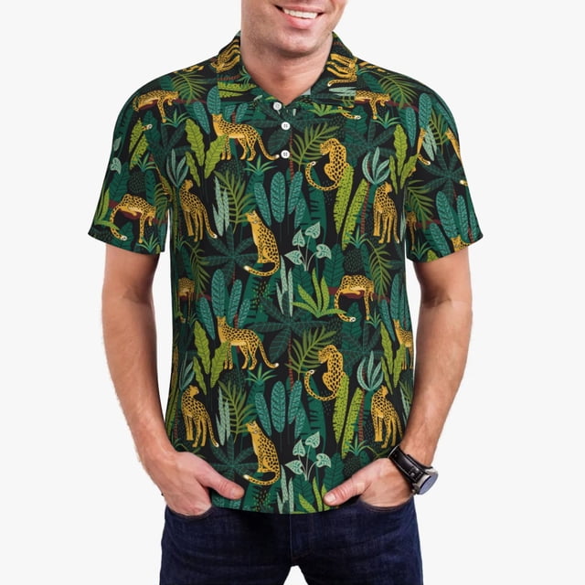 Balery Jungle Leopard Yellow Camisa Polo de Hombre con Estampado, de Manga Corta y Tejido Medio, Camisa Tipo Golf Polo-Small