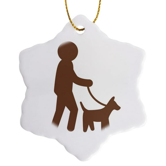 3drose, Dog Walker, Picture of a Man Walking a Dog on a White Background, 3 inch Snowflake Porcelain Ornament