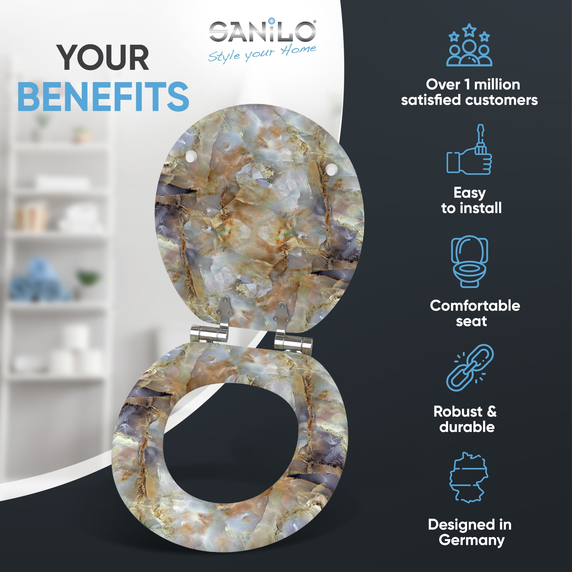 Sanilo Soft Close Toilet Seat ROUND, Quiet and Slow Close Lid and Seat, Strong Bumpers and Hinges, Marble Brown
