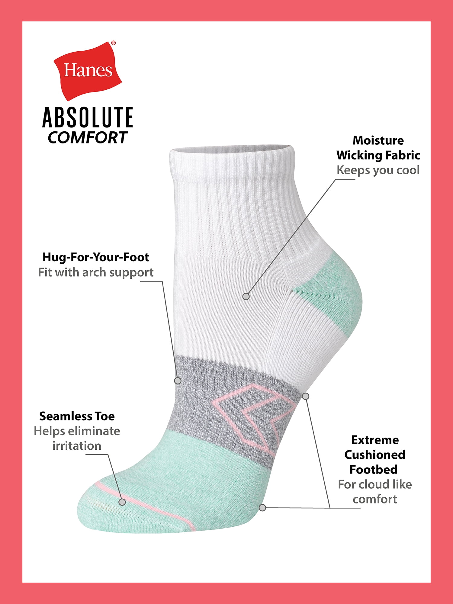 Hanes Women's Absolute Comfort Ankle Socks, 4-Pack, Size 5-9