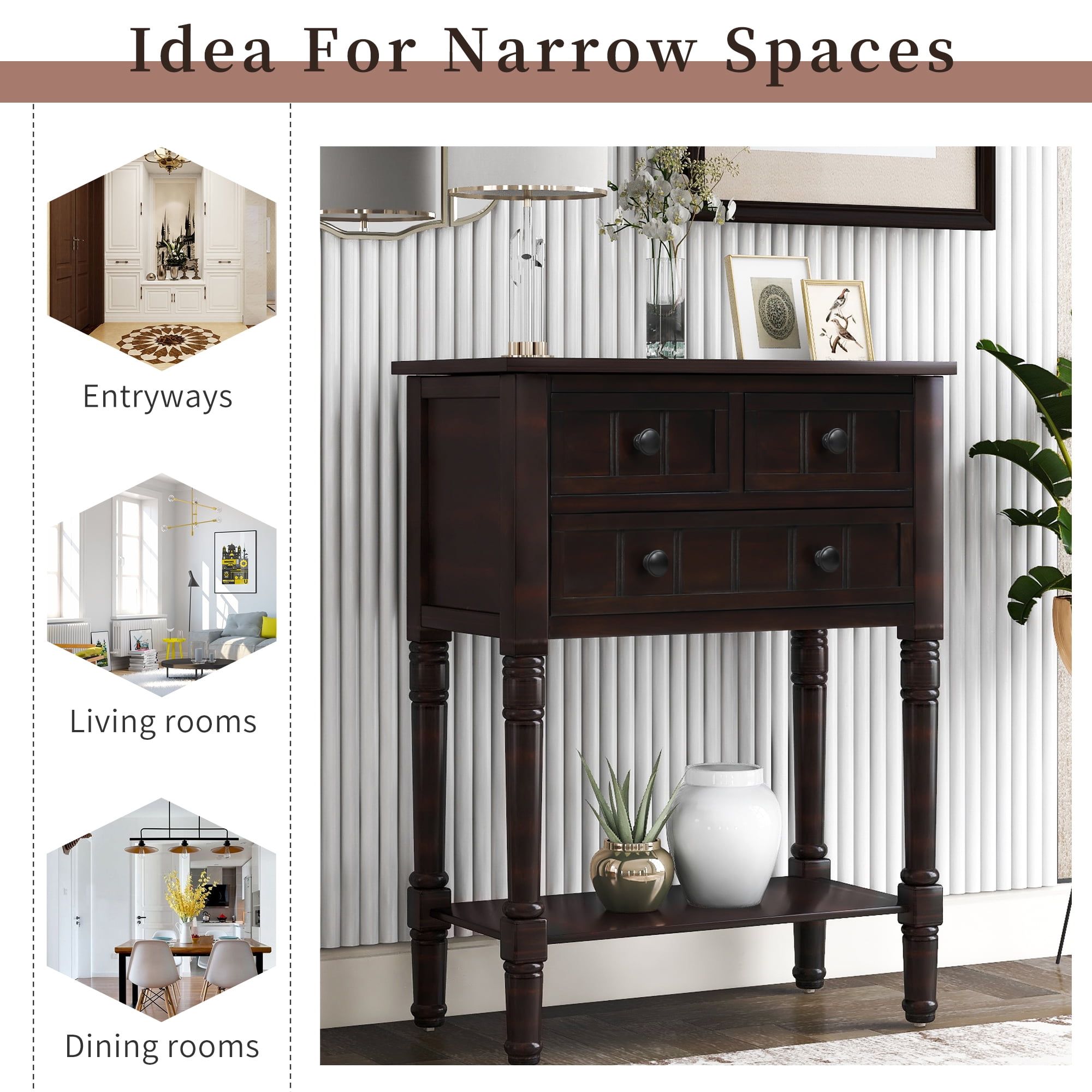 EUROCO Console Table, Slim Sofa Table with Three Storage Drawers and Bottom Shelf for Living Room, Easy Assembly