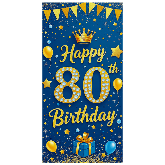 Blue Glittery Birthday Banner with Gold Crown Stars Balloons and Gift for 80th Birthday Party Supplies Photography Props Background Decorations Backdrop