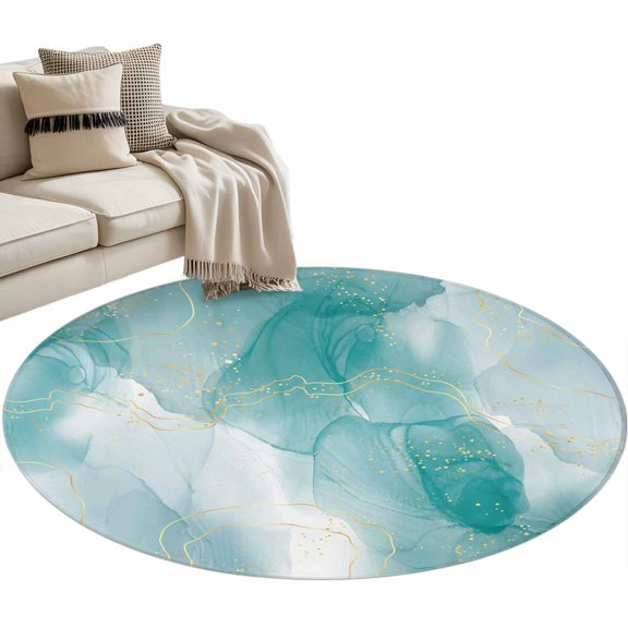 Marble Aqua, Round Area Rug 4 FT, Non Slip Indoor Outdoor Rug, Gradient Gold Aesthetics Abstract Minimalist Art Washable Soft Circular Carpet Floor Mat for Coffee Table Nursery Foyer Balcony