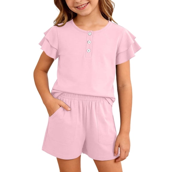 Ticikt 5-13Y Girls Summer Outfits 2 Piece Sets Ruffle Short Sleeve Button Down Shirts and Shorts Set Kids Clothes with Pockets,Color:Pink,Size:5-6 Years
