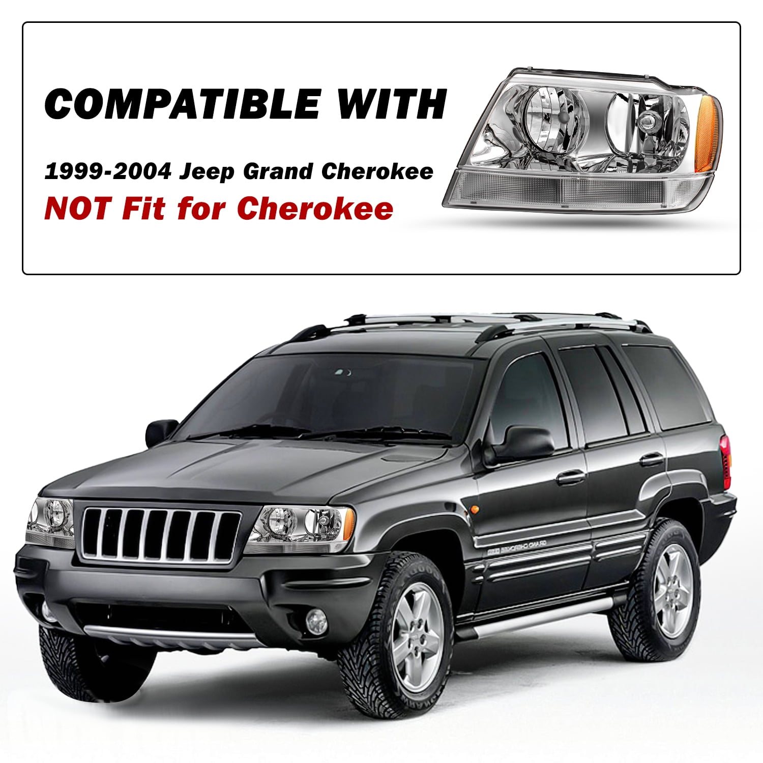 Chrome Housing Amber Headlights Assembly For 1999-2004 Jeep Grand Cherokee LH+RH