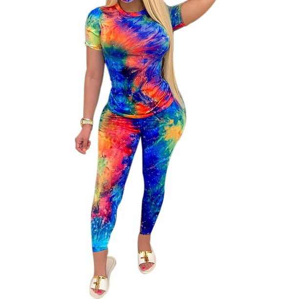 Musuos - Musuos Women Tie-Dye Tops Long Pants Two Piece Sportswear Summer Tracksuit Workout Set