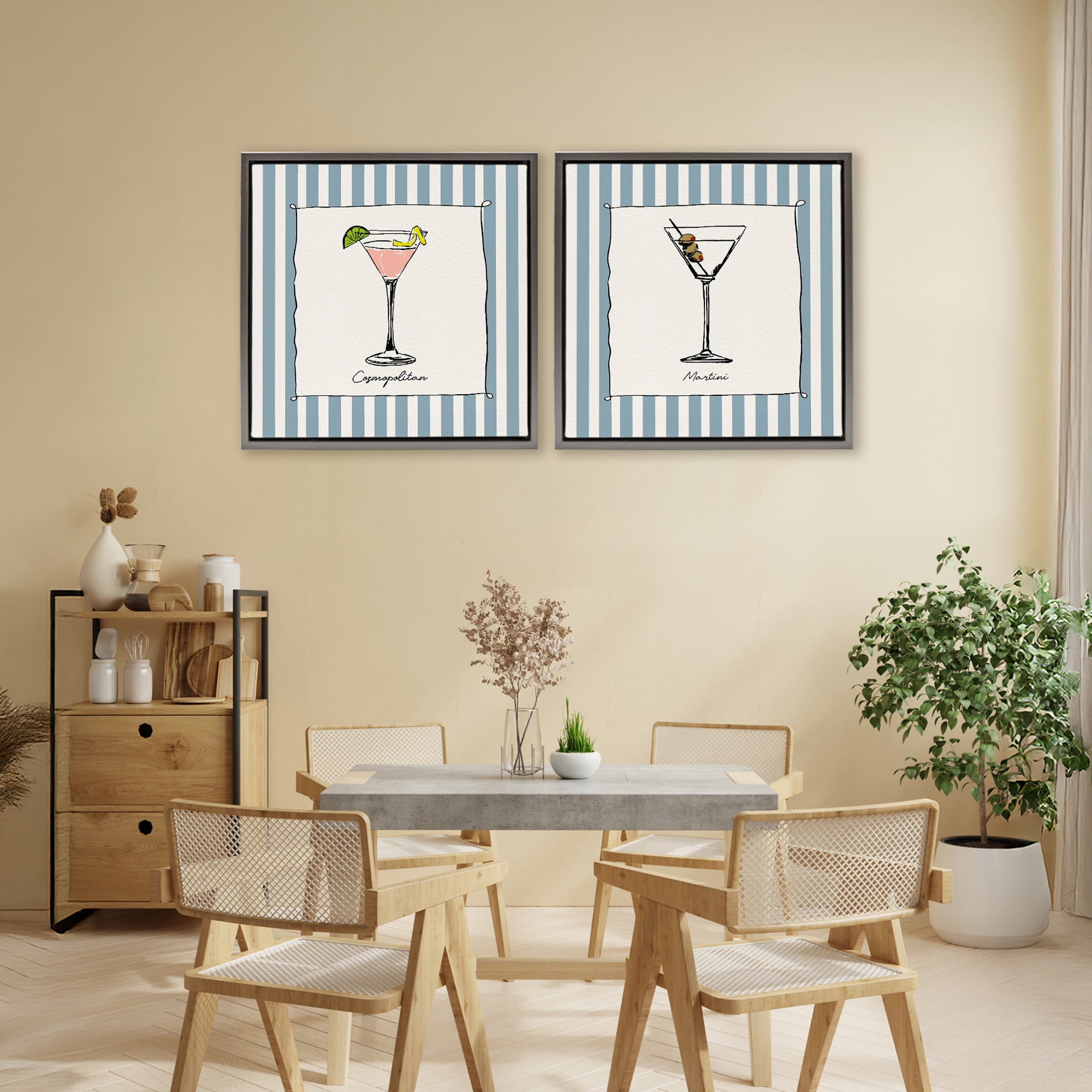 Stupell Industries Summer Drinks on Stripes 2 Piece Gray Framed Floater Canvas Set, design by Susan Jill