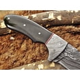 thumbnail image 2 of 8" Long skinning knife, 4" full tang gut hook blade, hand forged Damascus steel, Bull horn with Damascus bolster scale, Cow Leather sheath, 2 of 8