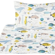 J-pinno Go Fishing Sea Fishes Flying Fish Whale Cartoon 100% Cotton 3 Pieces Twin Sheet Set for Kids Girls Boys Children Flat Sheet + Fitted Sheet + Pillowcase Bedding Decoration Gift Set