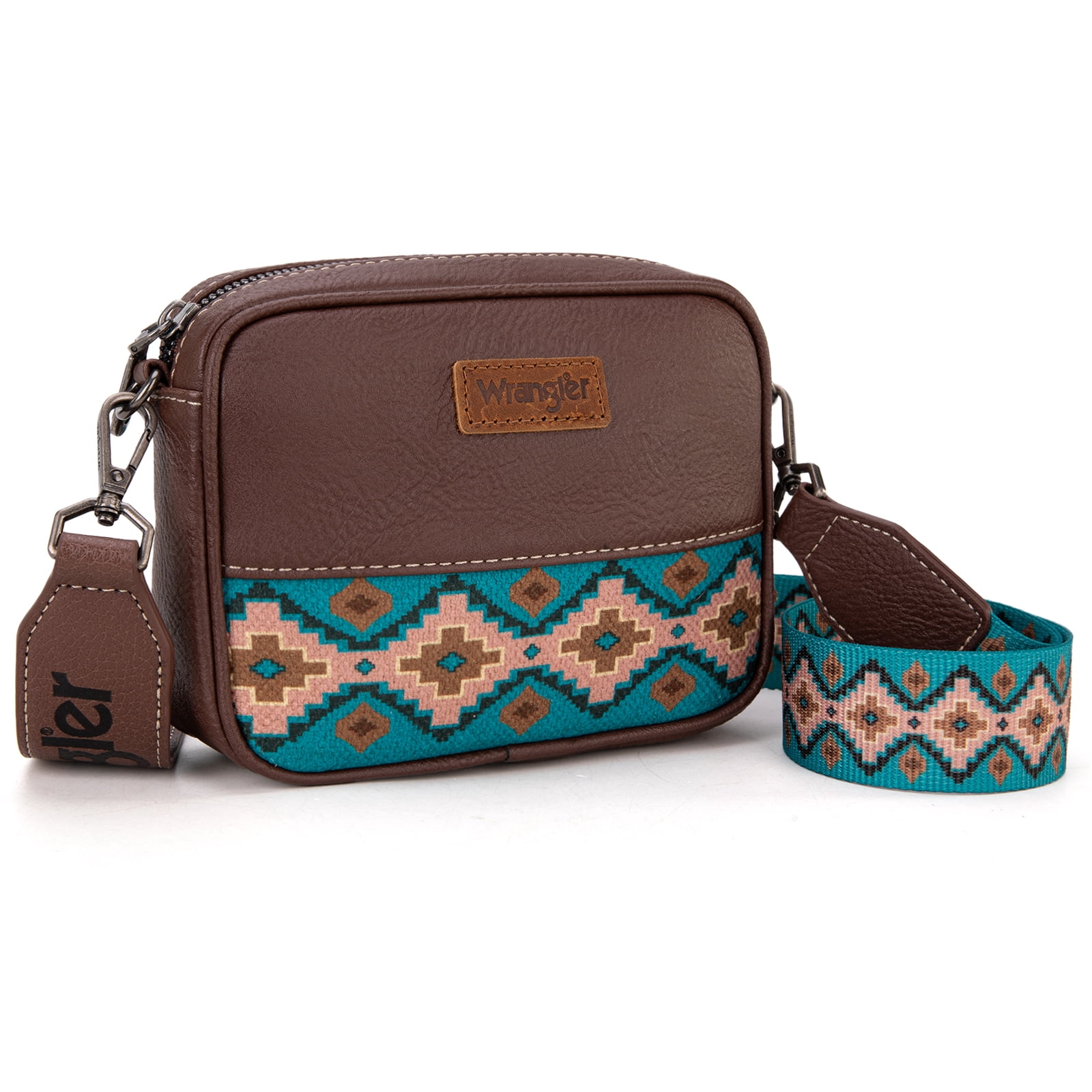 Wrangler Crossbody Bag for Women Aztec Mini Crossover Purse with Guitar Strap, Coffee With Turquoise